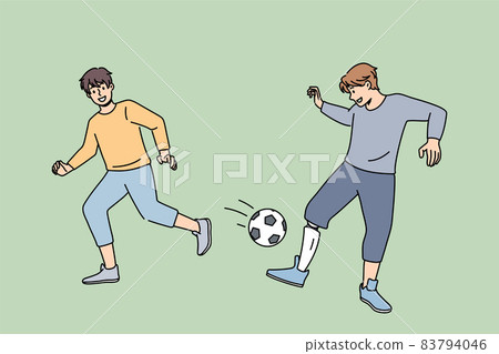 Smiling boy with prosthesis play football with friend Smiling boy with prosthesis play football with friend 83794046
