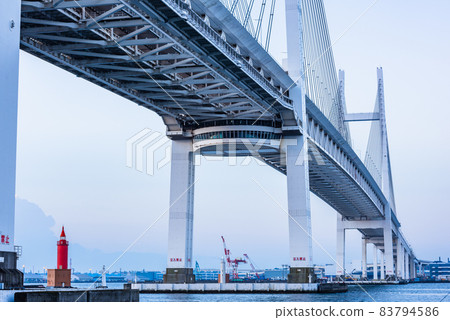 Yokohama Bay Bridge before dawn, Yokohama Bay Bridge looking up, fine weather, symbol of Yokohama Yokohama Bay Bridge before dawn, Yokohama Bay Bridge looking up, fine weather, symbol of Yokohama 83794586