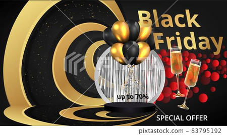 Black Friday luxury concept, Super Sale promo Xmas background. Golden text lettering. New Year and Christmas design. 83795192