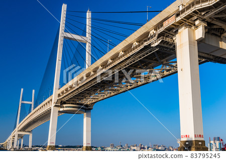 Yokohama Bay Bridge illuminated by the morning sun, Yokohama Bay Bridge looking up, fine weather, symbol of Yokohama 83795245