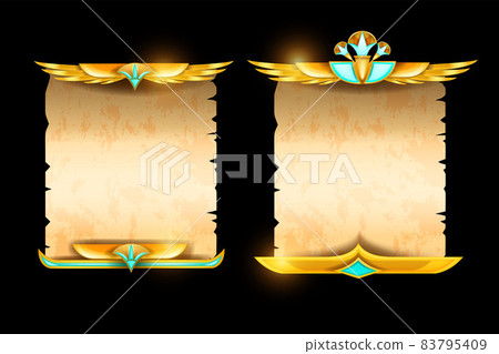 Egypt papyrus scroll frame, vector ancient parchment paper, gold jewelry border element on black Egypt papyrus scroll frame, vector ancient parchment paper, gold jewelry border element on black 83795409