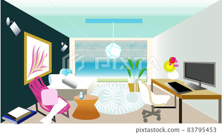 帶綠色牆紙的現代室內房間[一間房] 83795453