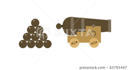 Ancient pirate cannon mounted on a lofet, cannonballs. Vector illustration in a flat style. 83795497