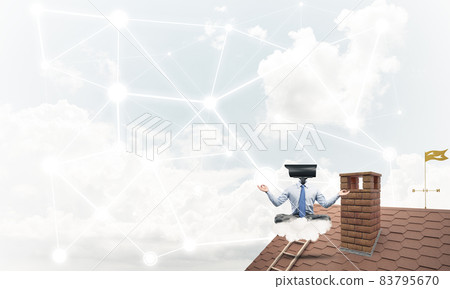 Concept of security and privacy protection with camera headed man meditating 83795670