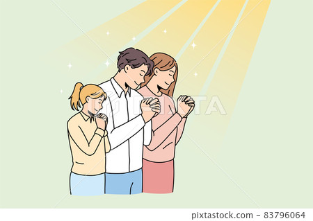 Family with child pray in church together  83796064