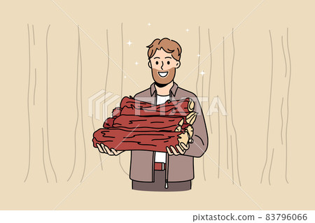 Smiling lumberman with wood timber pile  83796066