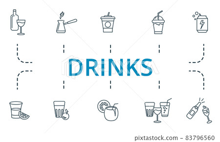 Drinks icon set. Collection of simple elements such as the coconat cocktail, whiskey, 13, turkish coffee, juice, drink to go. 83796560