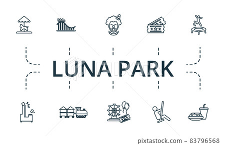 Luna Park icon set. Collection of simple elements such as the child train, castle, 13, tickets, roller coaster, fastfood. Luna Park icon set. Collection of simple elements such as the child train, castle, 13, tickets, roller coaster, fastfood. 83796568
