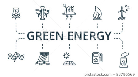 Green Energy icon set. Collection of simple elements such as the tidal energy, solar power, champagne, heart and arrow, heart lock, balloons, love search. 83796569