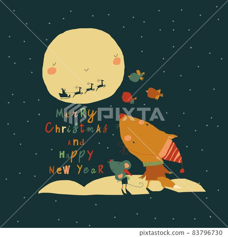Cute Cartoon Animals looking at the Santa Claus in a Sleigh ride in the Sky 83796730
