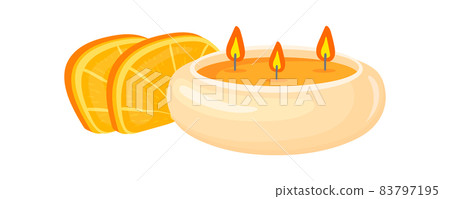 Candle in cup with oranges. Background for zen meditation, vector illustration Candle in cup with oranges. Background for zen meditation, vector illustration 83797195