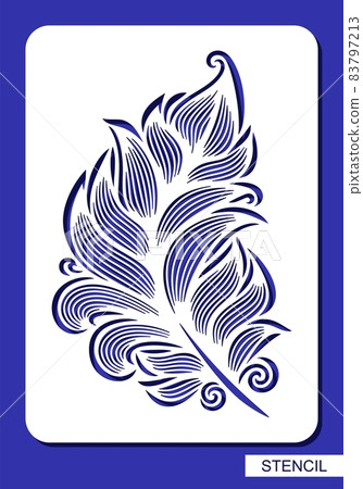 Stencil with decorative feather, leaf. Beautiful detailed fluffy quill. Rectangular vertical white panel, sample for laser cutting of paper, metal engraving, wood carving, cnc. Vector illustration. 83797213