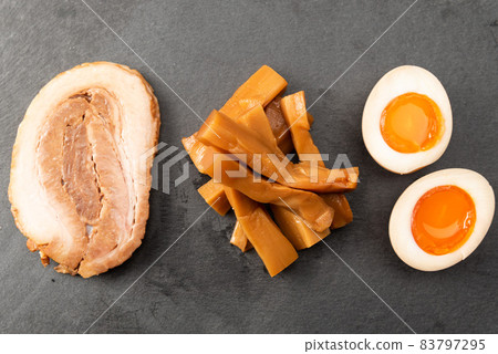 Assortment of 3 kinds of snacks, Menma boiled egg, char siu Assortment of 3 kinds of snacks, Menma boiled egg, char siu 83797295