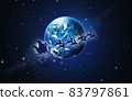 Santa Claus in a sleigh and reindeer sled flies over Earth against the background of the starry sky 83797861