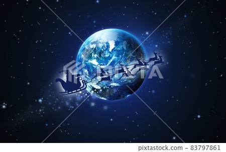 Santa Claus in a sleigh and reindeer sled flies over Earth against the background of the starry sky Santa Claus in a sleigh and reindeer sled flies over Earth against the background of the starry sky 83797861