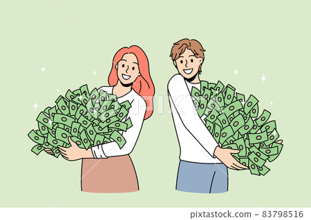 Happy people holding big piles on money banknotes Happy people holding big piles on money banknotes 83798516