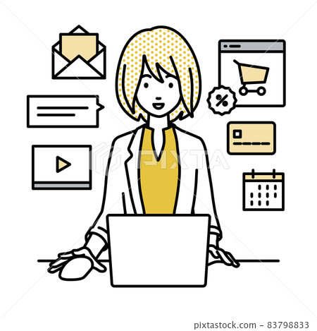 A woman in a jacket sitting at a desk and doing an online shop or marketing job on a PC A woman in a jacket sitting at a desk and doing an online shop or marketing job on a PC 83798833