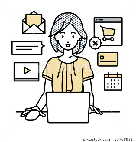 一位辦公室休閒女性坐在辦公桌前，在 PC 上做網上商店或營銷工作 83798981