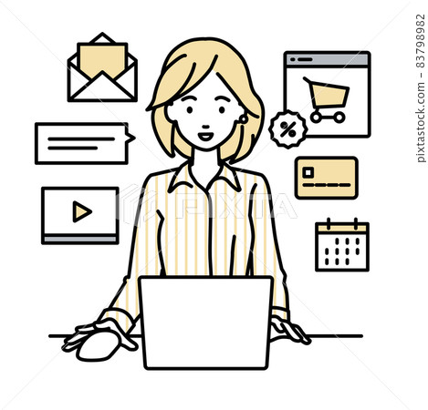 A woman in a blouse sitting at a desk and doing an online shop or marketing job on a PC 83798982