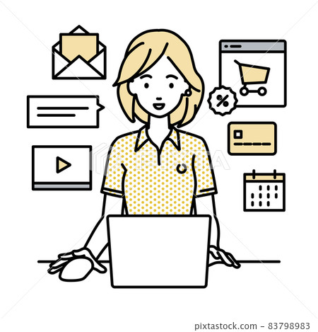 A woman in a polo shirt sitting at a desk and doing an online shop or marketing job on a PC 83798983