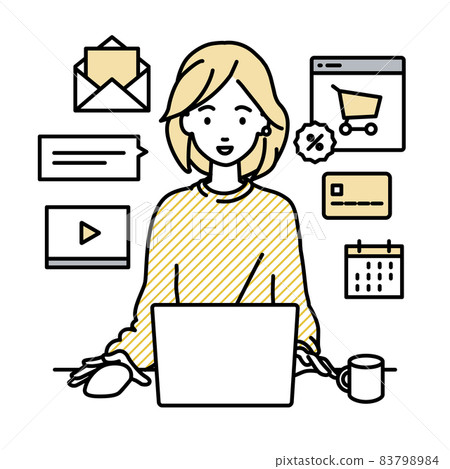A remote work woman sitting at a desk and doing an online shop or marketing job on a PC 83798984
