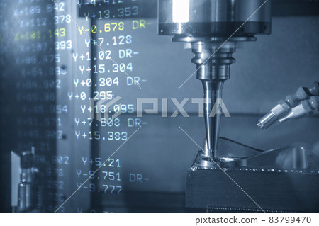 The abstract scene CNC milling machine cutting the stamping die parts and G-code data background. 83799470