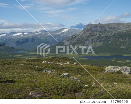 View on meandering Rapadalen river delta to Lajtavrre lake, valley in Sarek national park, Sweden Lapland. Nordic wild landscape with mountains, hill, rocks and birch trees. Summer sunny day, blue sky View on meandering Rapadalen river delta to Lajtavrre lake, valley in Sarek national park, Sweden Lapland. Nordic wild landscape with mountains, hill, rocks and birch trees. Summer sunny day, blue sky 83799496