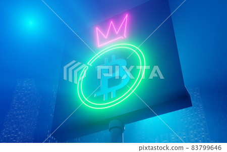 Bitcoin with crown big board in misty city, 3D rendering with neon symblols and leakage effect - Cryptocurrency winner concept, cyan, magenta, green colors. Bitcoin with crown big board in misty city, 3D rendering with neon symblols and leakage effect - Cryptocurrency winner concept, cyan, magenta, green colors. 83799646