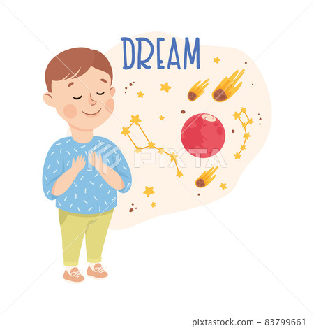 Little Boy Standing and Dreaming of Space and Planets Vector Illustration 83799661