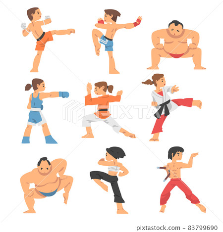 People Character Engaged in Combat Sport or Fighting Sport Competing Vector Illustration Set 83799690