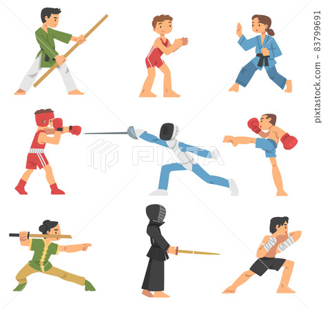 People Character Engaged in Combat Sport or Fighting Sport Competing Vector Illustration Set 83799691