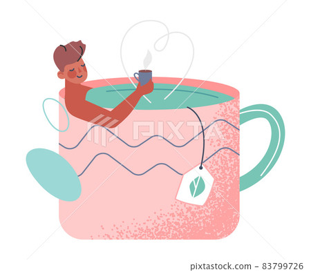Tea Time Break with Man Character Sitting in Huge Cup Enjoying Hot Drink Vector Illustration Tea Time Break with Man Character Sitting in Huge Cup Enjoying Hot Drink Vector Illustration 83799726