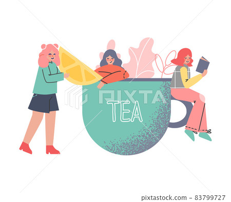 Tea Time Break with Tiny Woman Character Near Huge Cup with Hot Drink Bringing Slice of Lemon Vector Illustration Tea Time Break with Tiny Woman Character Near Huge Cup with Hot Drink Bringing Slice of Lemon Vector Illustration 83799727