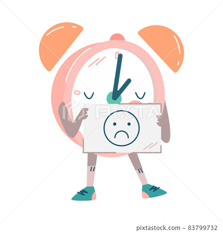 Funny Clock Character Holding Placard with Sad Smiley Vector Illustration Funny Clock Character Holding Placard with Sad Smiley Vector Illustration 83799732