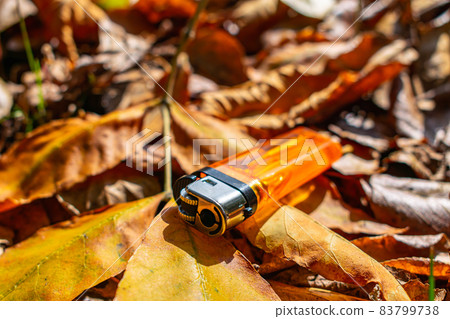 Orange colored gas pocket lighter thrown on fall foliage 83799738