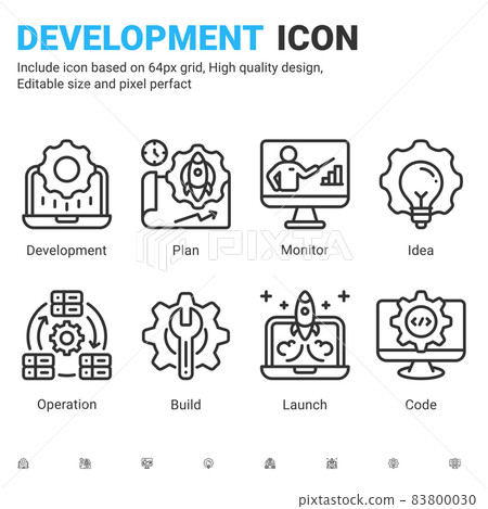 Vector devops icons set with outline style isolated on white background. Vector icon IT operations and software development sign symbol concept for operate, software and technology. Editable stroke 83800030