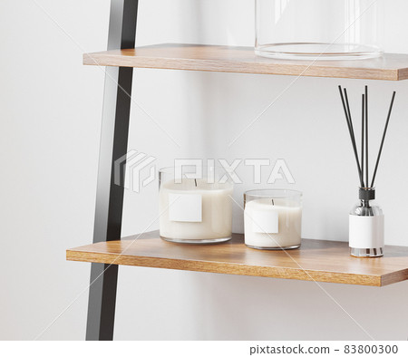scented candle in glass with blank label mock up with aroma reed diffuser on wooden shelf on white wall background, home aromatic candles, aromatherapy, 3d rendering 83800300