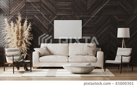 Blank picture frame mock up in modern living room interior with wooden wall panel, wooden chairs and beige sofa, decoration, living room interior design background, 3d rendering Blank picture frame mock up in modern living room interior with wooden wall panel, wooden chairs and beige sofa, decoration, living room interior design background, 3d rendering 83800301