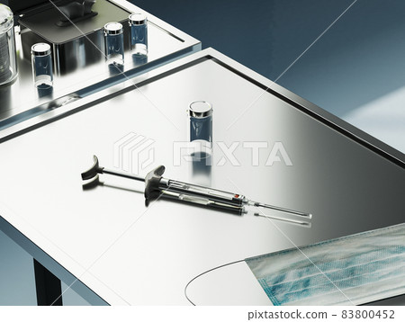 Syringe with vaccine vial bottle on the metal medical table, COVID-19 vaccination concept, coronavirus vaccine Syringe with vaccine vial bottle on the metal medical table, COVID-19 vaccination concept, coronavirus vaccine 83800452