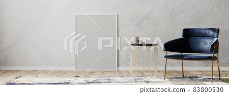 Blank frame in contemporary interior with blue chair and coffee table and design rug on wooden parquet and gray wall, panorama, 3d rendering 83800530
