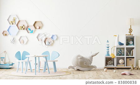 children's playroom interior with toys, kids furniture, table with chairs, shelves, scandinavian style, 3d rendering 83800838