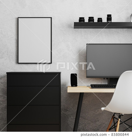 Blank frame near workplace with PC, wooden table and white chair, office workplace, work from home concept, 3d rendering 83800844