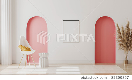 Blank poster frame mockup on wall in modern living room interior with decorative pastel pink arches, column, chair with pillow, 3d rendering. 83800867
