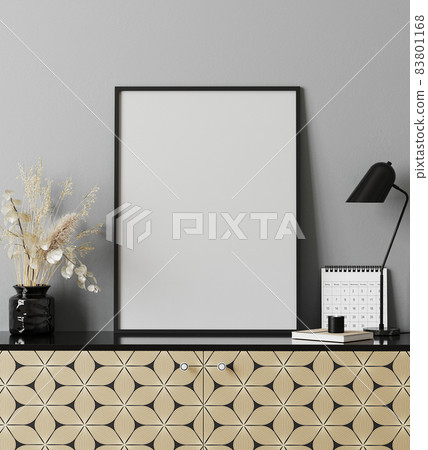 mockup poster frame in modern interior with gray wall, table lamp, calendar and golden print chest of drawers, home office cabinet interior, 3d rendering mockup poster frame in modern interior with gray wall, table lamp, calendar and golden print chest of drawers, home office cabinet interior, 3d rendering 83801168