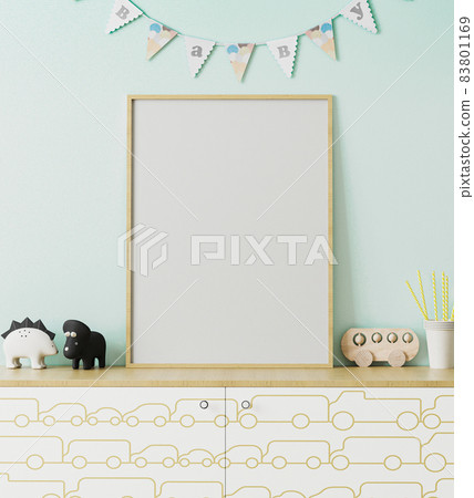 Blank wooden poster frame mockup in children's room interior with light blue wall and garland flags baby, chest of drawers with car print, toys, playroom interior, 3d rendering Blank wooden poster frame mockup in children's room interior with light blue wall and garland flags baby, chest of drawers with car print, toys, playroom interior, 3d rendering 83801169