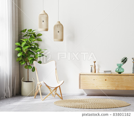 living room interior background with white armchair and wooden furniture, scandi boho style, empty wall mock up, 3d rendering living room interior background with white armchair and wooden furniture, scandi boho style, empty wall mock up, 3d rendering 83801182