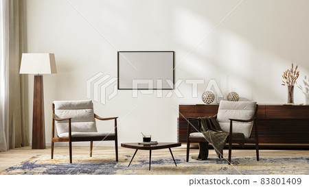 horizontal frame mockup in bright modern living room interior in neutral colors with armchairs, floor lamp, rug and coffee table, chest of drawers with home decor, 3d render horizontal frame mockup in bright modern living room interior in neutral colors with armchairs, floor lamp, rug and coffee table, chest of drawers with home decor, 3d render 83801409