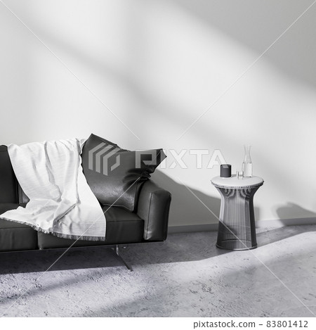 close up of black sofa with metal coffee table in bright room with concrete floor and white wall, empty wall mock up, 3d rendering close up of black sofa with metal coffee table in bright room with concrete floor and white wall, empty wall mock up, 3d rendering 83801412
