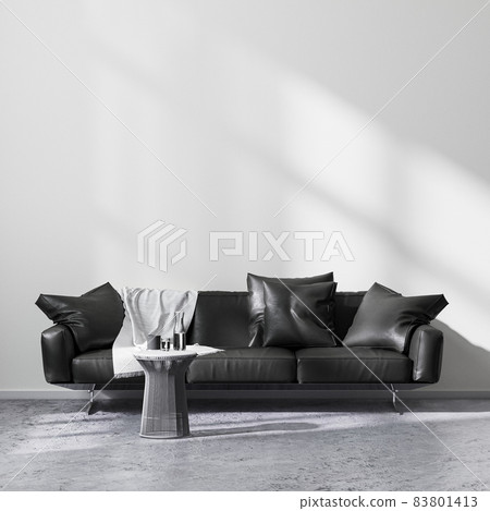 Modern living room interior, black sofa with metal coffee table in bright room with concrete floor and white wall, empty wall mock up, 3d rendering 83801413
