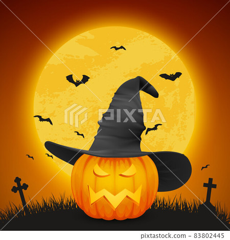 Vector Cartoon Halloween Pumkin Lantern with Funny Face and Witch Hat on Night Glowing Moon Background, Bats, Cemetery. Design Template of Realistic Pumkin. Autumn Holidays, Halloween Concept Vector Cartoon Halloween Pumkin Lantern with Funny Face and Witch Hat on Night Glowing Moon Background, Bats, Cemetery. Design Template of Realistic Pumkin. Autumn Holidays, Halloween Concept 83802445